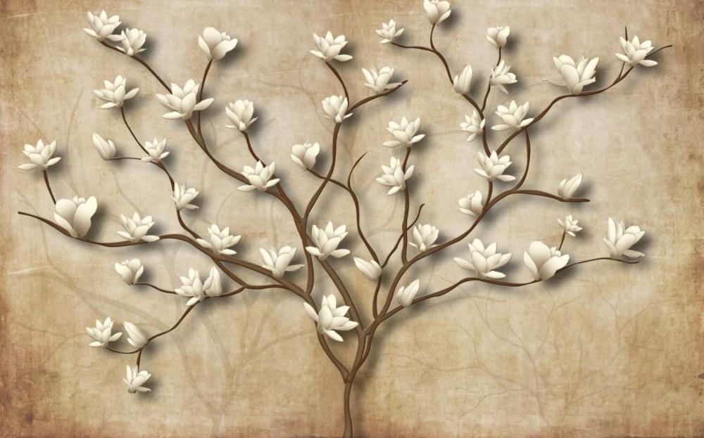 3 Boyutlu - 3D Ağaç ve Çiçekler Duvar Kağıdı