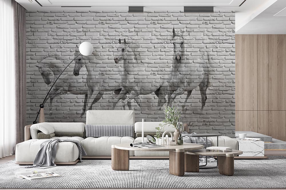 3 Boyutlu Duvar Üzerinde Koşan Atlar 3D Duvar Kağıdı