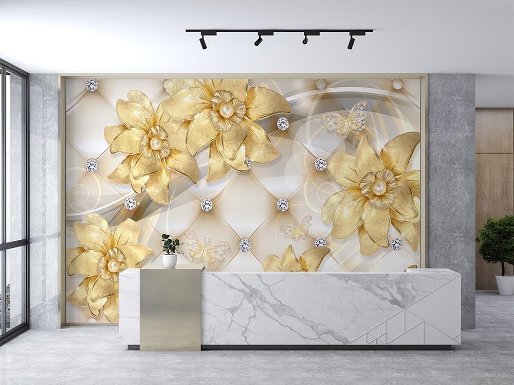 3 Boyutlu Gold Çiçekler Tv - Ünite Duvar Kağıdı