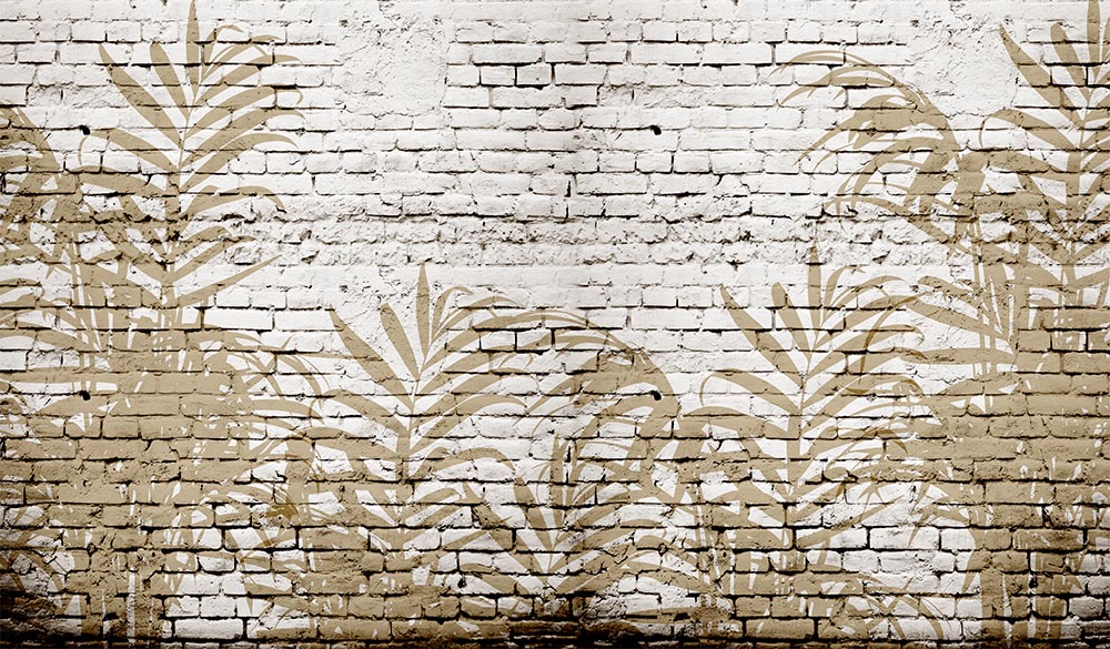 3 Boyutlu Taş Desen Üzerinde Tropikal Yapraklar Duvar Kağıdı