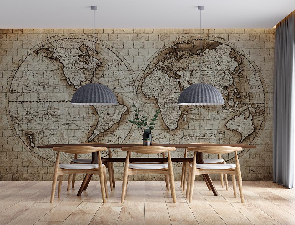 3 Boyutlu Taş Desen Zemin Üzerinde Dünya Haritası Duvar Kağıdı