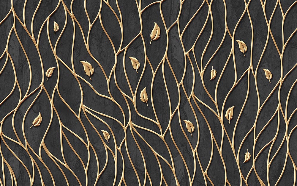 3D Koyu Renk Zemin Gold Yapraklar Duvar Kağıdı