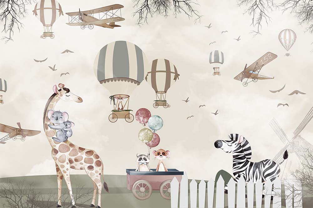 Balonlar Uçaklar Sevimli Hayvanlar Çocuk Odası Duvar Kağıdı