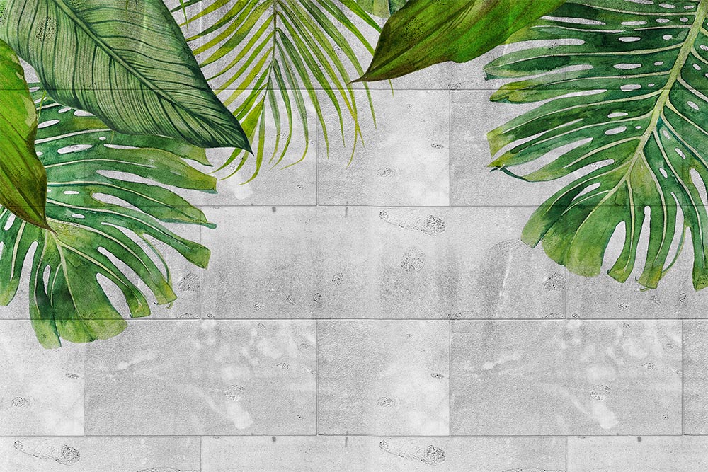 Brüt Beton Zemin Üzerinde Tropikal Yapraklar Duvar Kağıdı