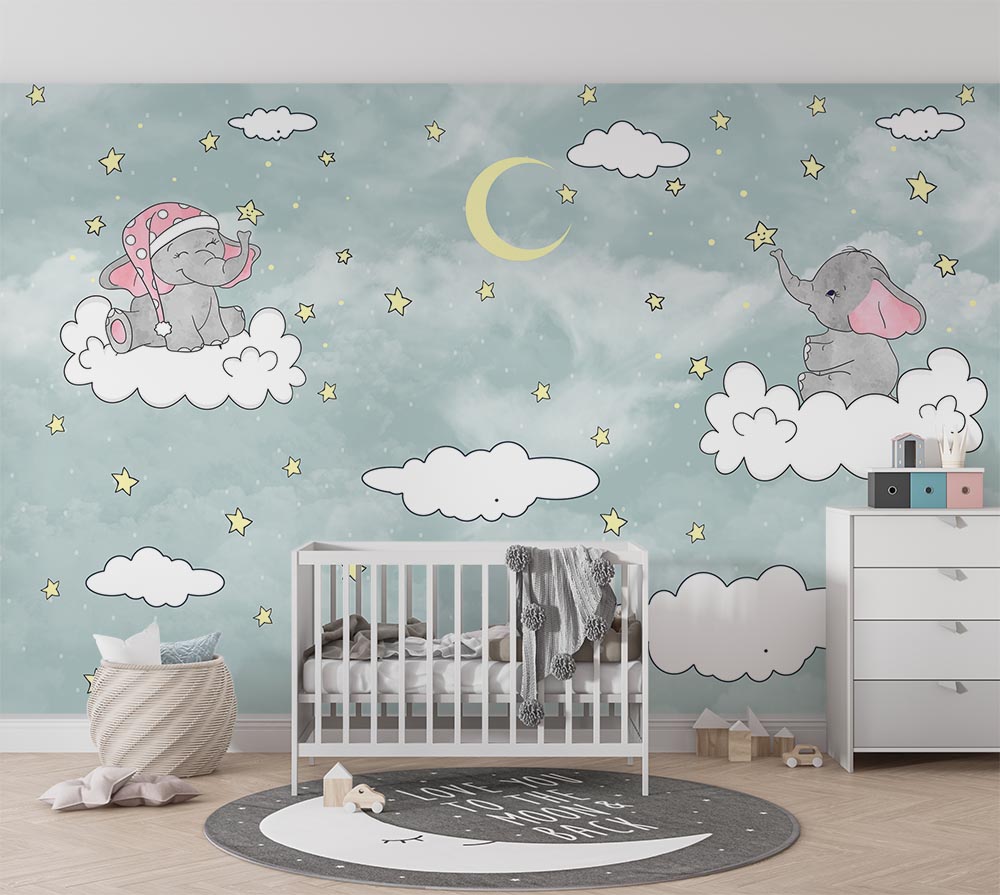 Bulut Üzerinde Sevimli Filler Çocuk Odası Duvar Kağıdı