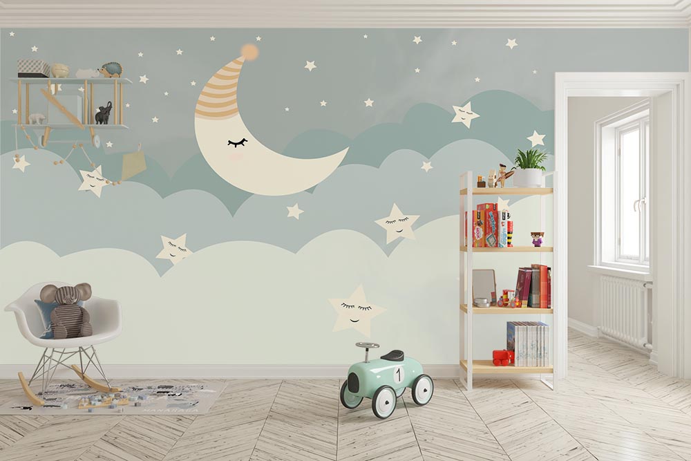 Bulutlar Ay ve Yıldızlar Çocuk Odası Duvar Kağıdı