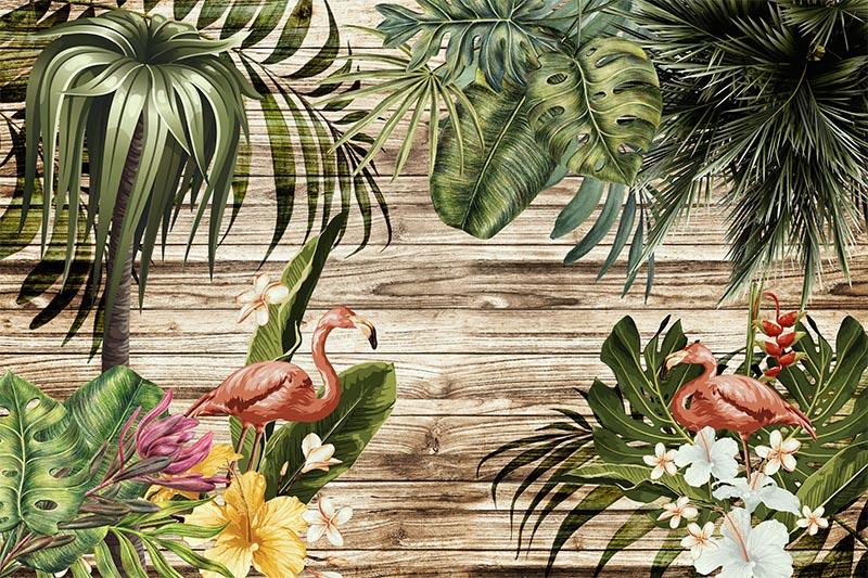 Büyük Tropikal Yapraklı ve Flamingolu Duvar Kağıdı 