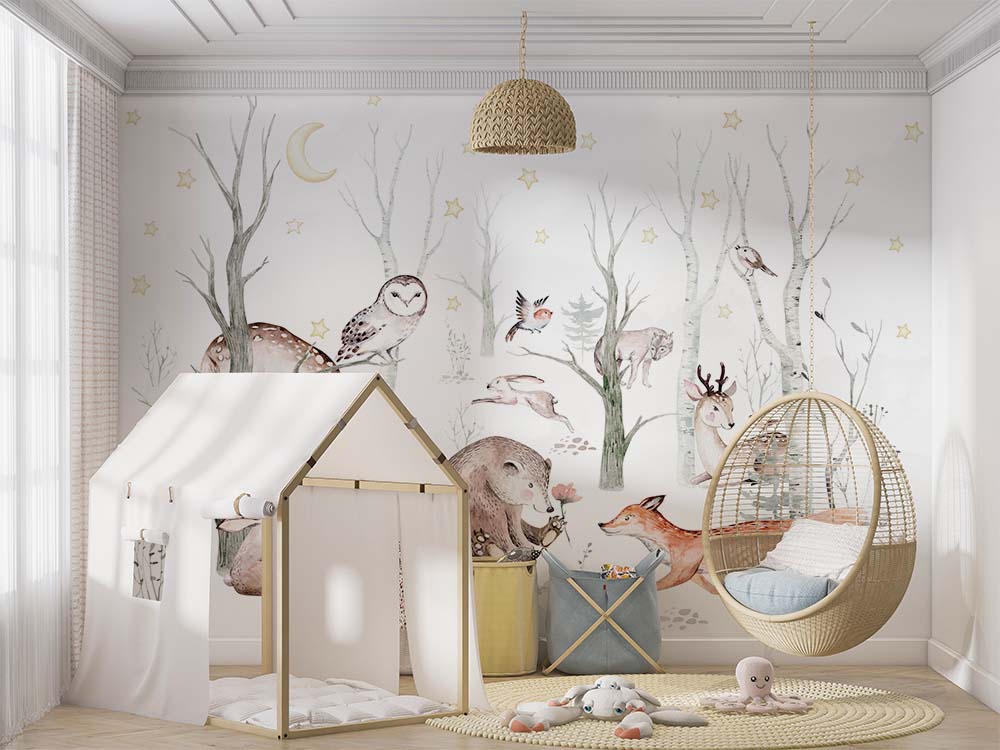 Çocuk Odası Duvar Kağıdı Ormandaki Sevimli Hayvanlar