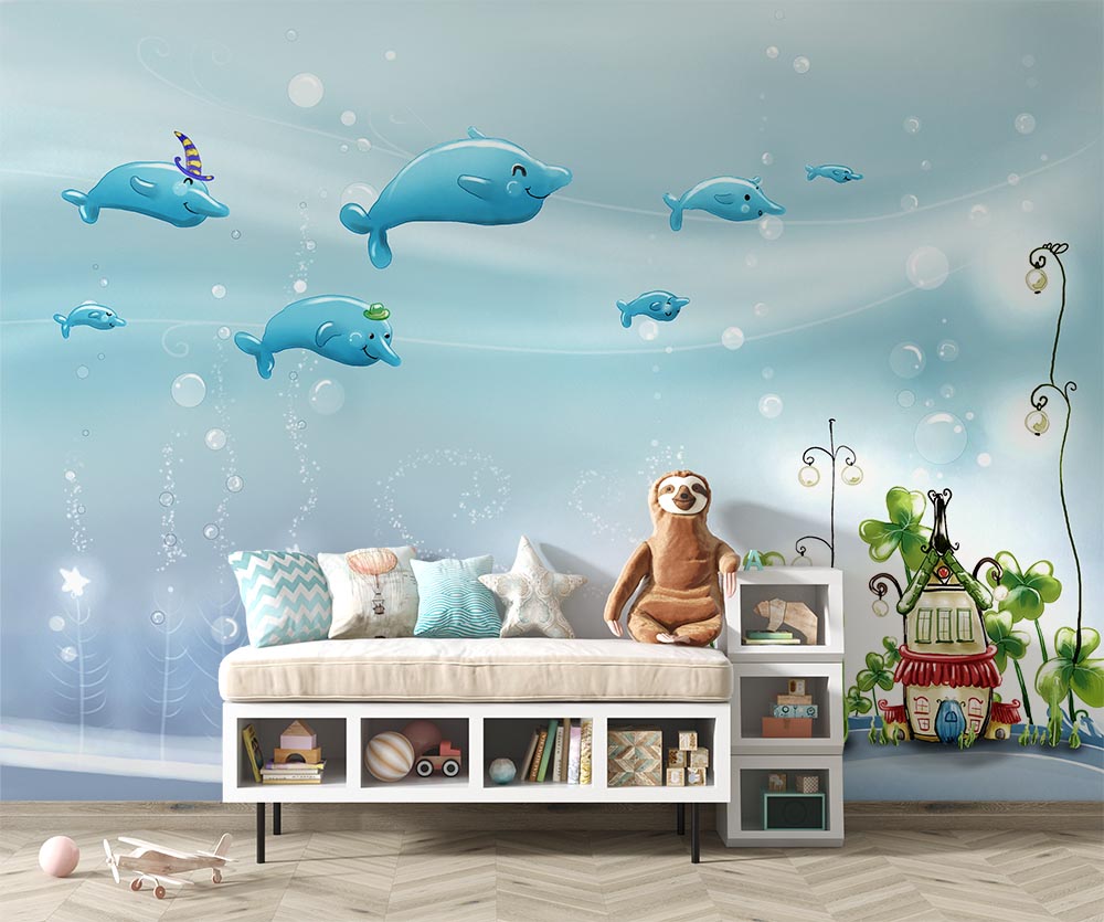 Çocuk Odası Duvar Kağıdı Sevimli Yunus Balıkları