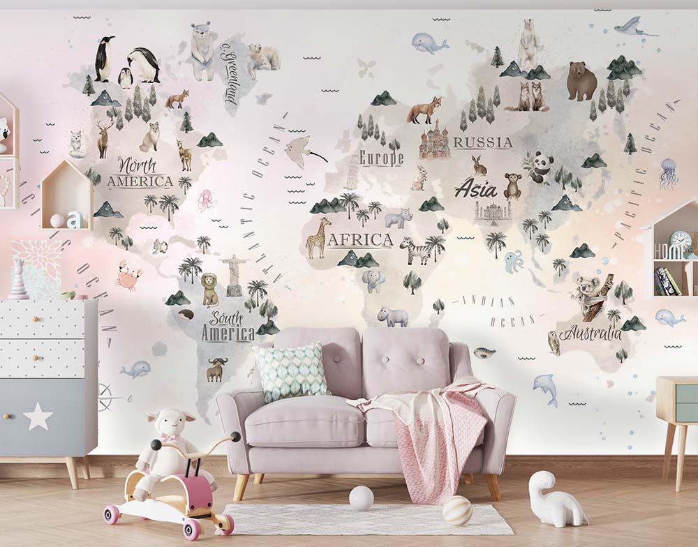 Dünya Üzerinde Sevimli Hayvanlar Çocuk Odası Duvar Kağıdı
