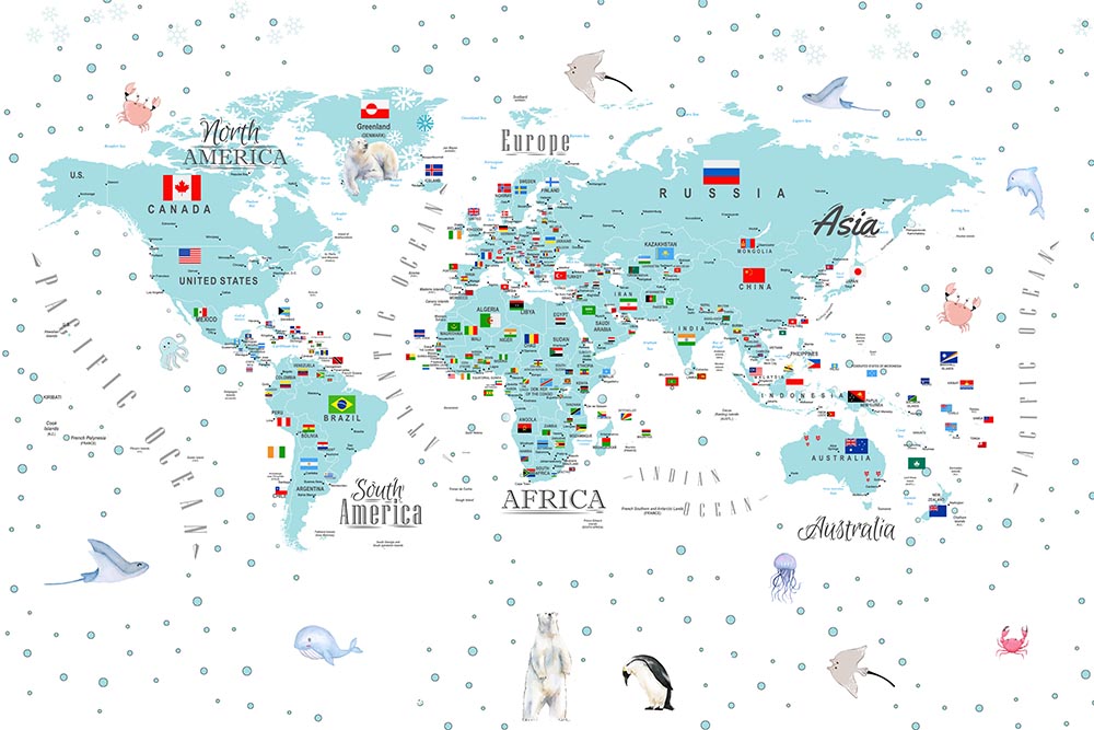 Eğitici Dünya Haritası Duvar Kağıdı Beyaz Turkuaz Çocuk Odası
