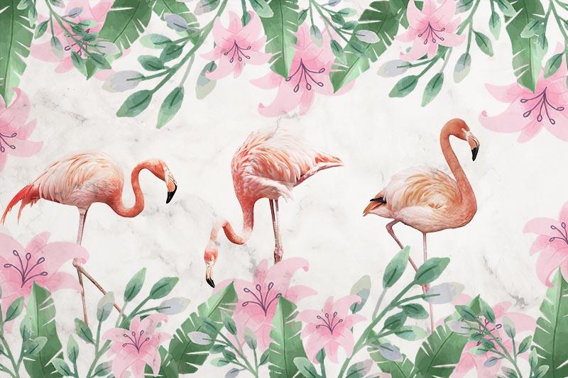 Flamingolar ve Tropikal Yapraklar