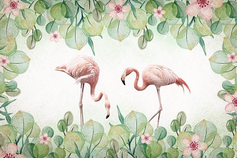 Flamingolar ve Tropikal Yapraklar