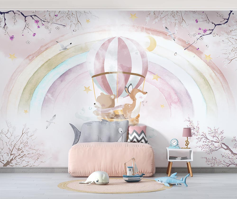 Gökkuşağı Balon içinde Sevimli Canlılar Çocuk Odası Duvar Kağıdı