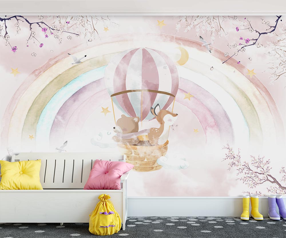 Gökkuşağı Balon içinde Sevimli Canlılar Çocuk Odası Duvar Kağıdı