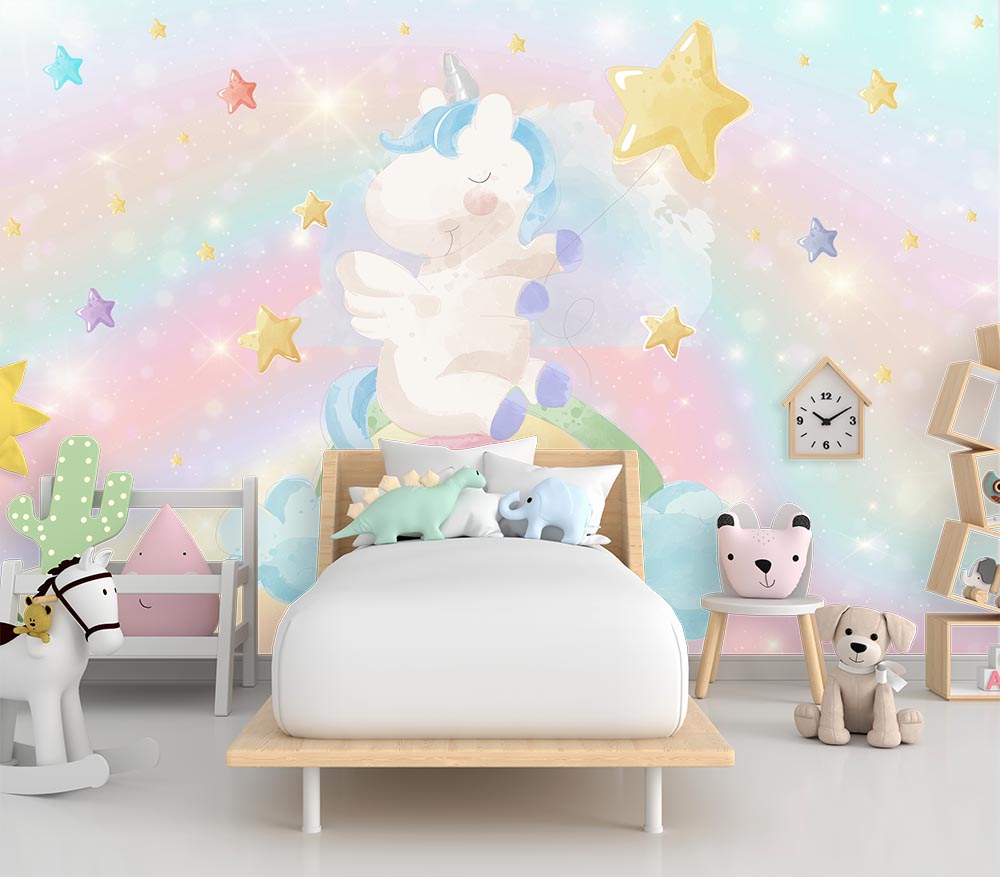 Gökkuşağı Üzerinde Unicorn Çocuk Odası Duvar Kağıdı
