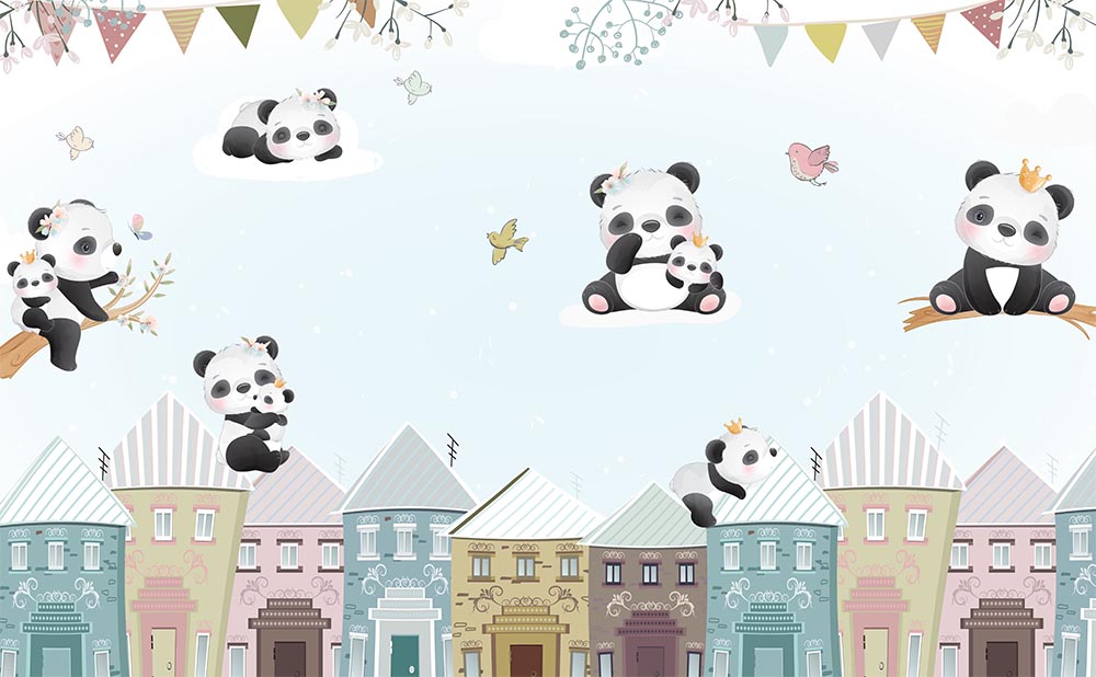 Gökyüzündeki Sevimli Pandalar Çocuk Odası Duvar Kağıdı