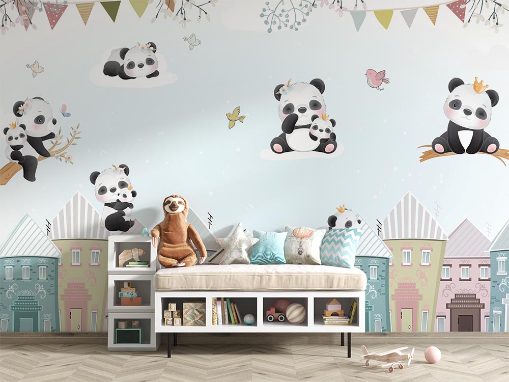 Gökyüzündeki Sevimli Pandalar Çocuk Odası Duvar Kağıdı