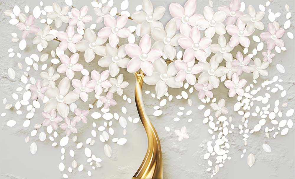 Gold Ağaç Beyaz Çiçekler 3D Duvar Kağıdı