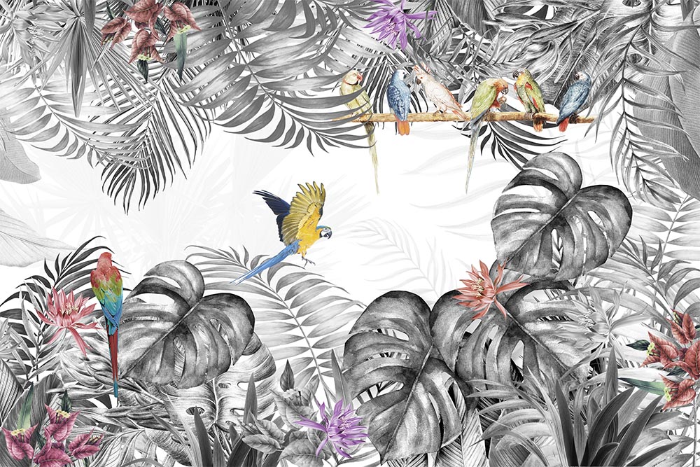 Gri Tropikal Yapraklar Üzerinde Renkli Kuşlar Duvar Kağıdı