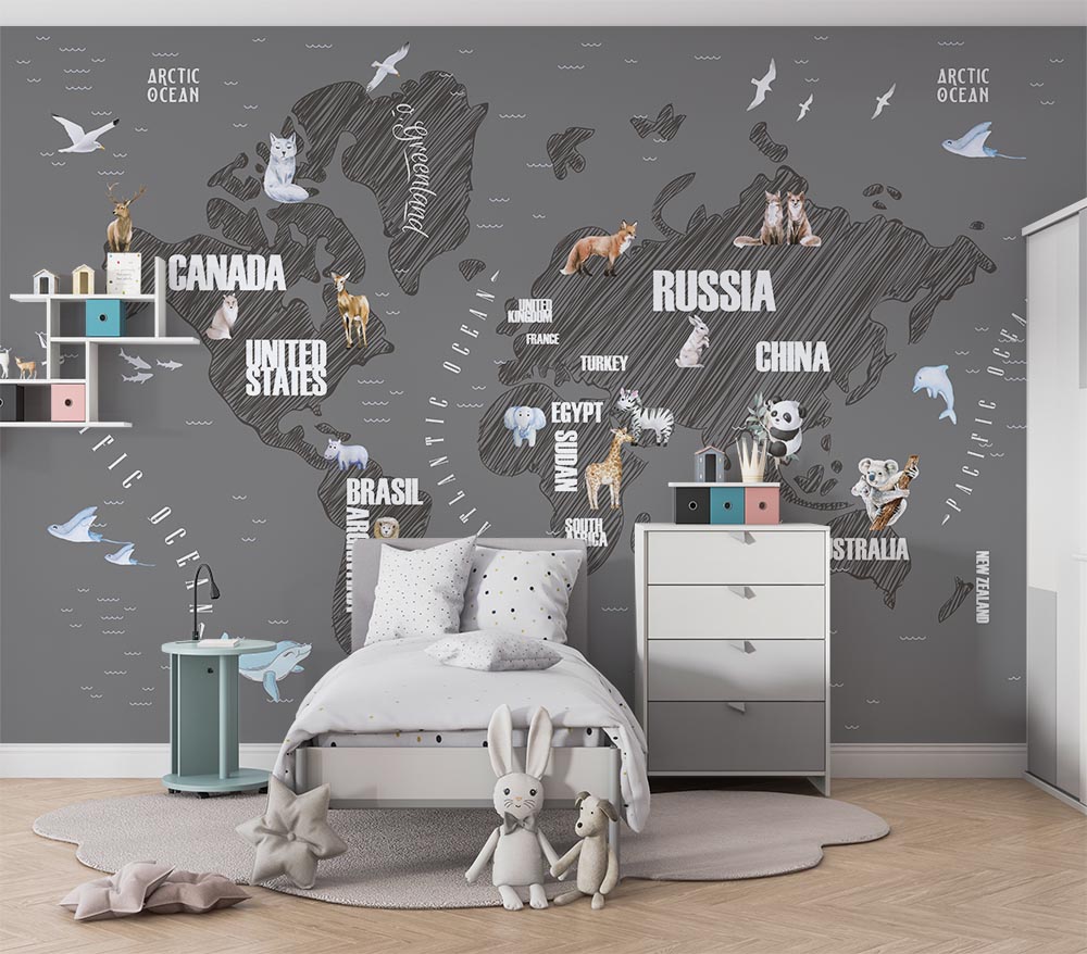 Gri Zemin Üzerinde Dünya Haritası Çocuk Odası Duvar Kağıdı