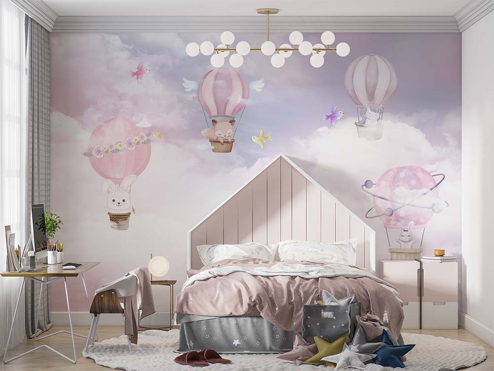Kız Çocuk Odası Duvar Kağıdı Balonlar ve Sevimli Hayvanlar