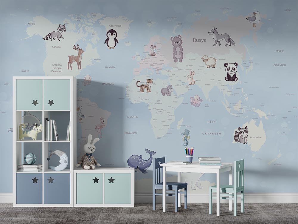 Mavi Zemin Çocuk Odaları için Eğitici Dünya Haritası Duvar Kağıdı