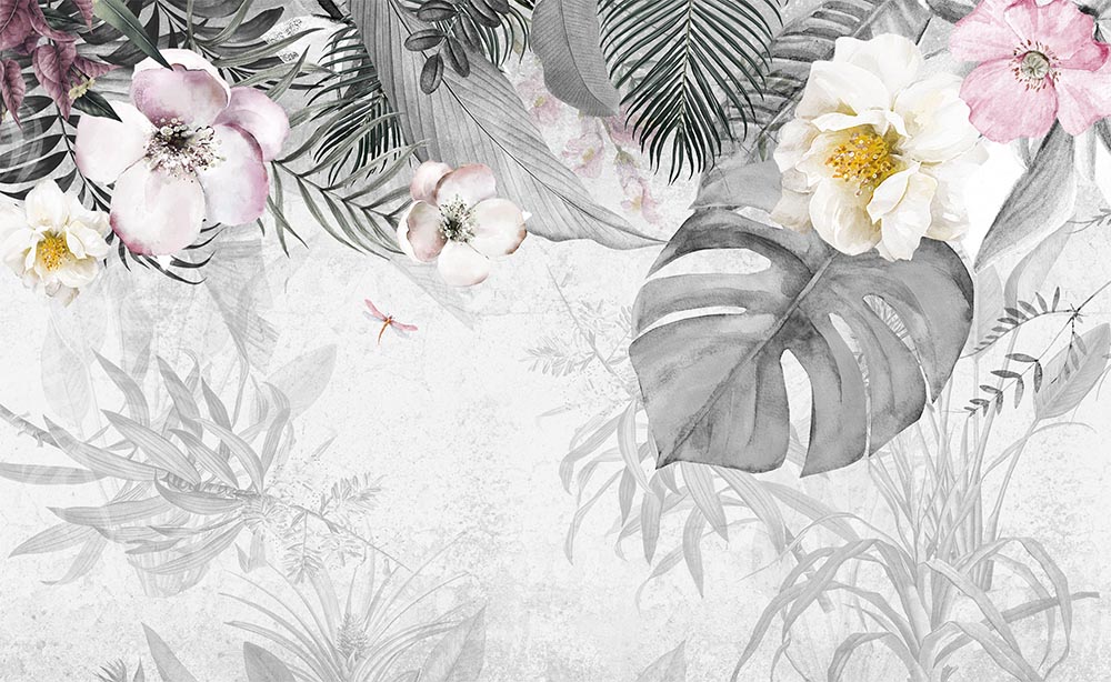 Özel Tasarım Tropikal Yaprak ve Çiçekler Duvar Kağıdı