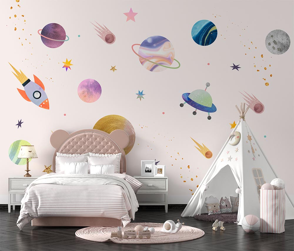Pembe Zemin Üzerinde Gezegenler Çocuk Odası Duvar Kağıdı