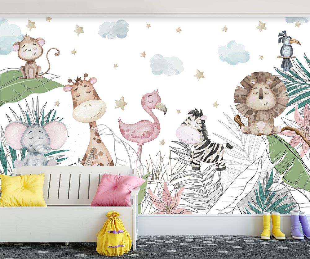 Renkli Yapraklar Sevimli Hayvanlar Çocuk Odası Duvar Kağıdı