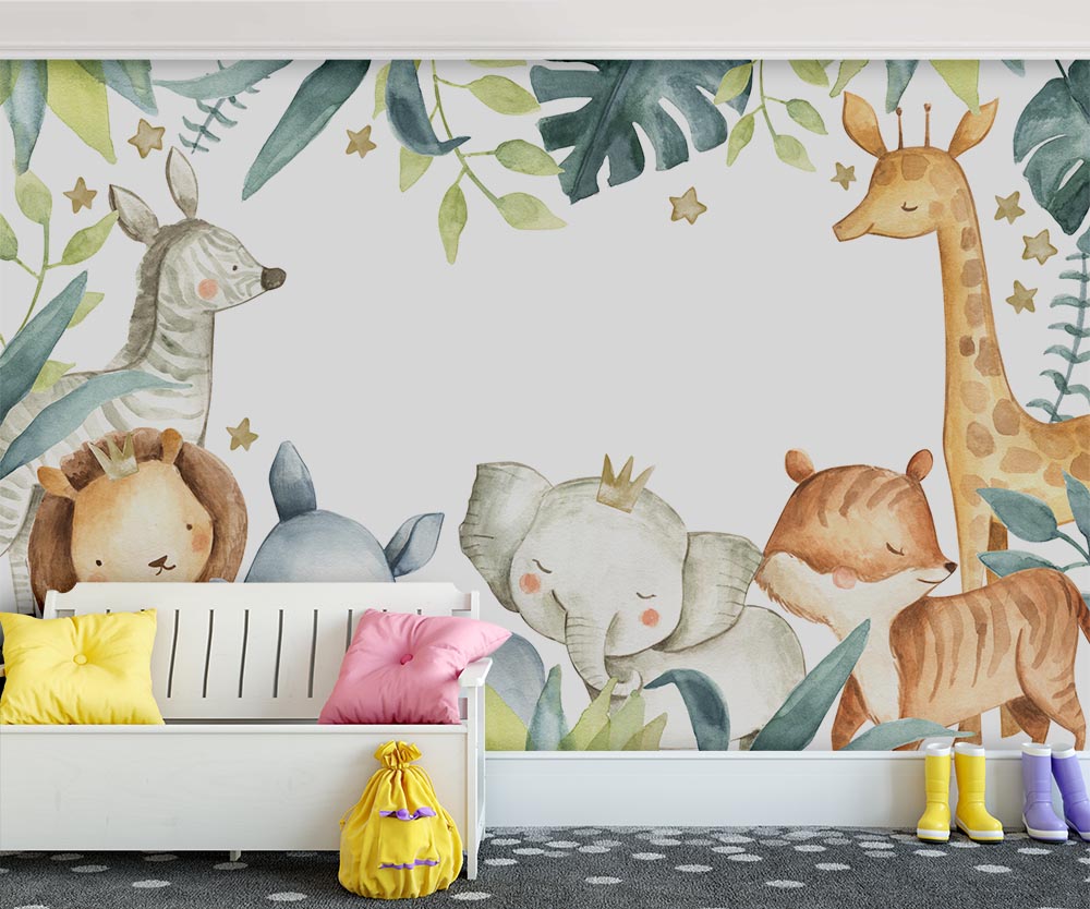 Sevimli Hayvanlar Tropikal Yapraklar Çocuk Odası Duvar Kağıdı