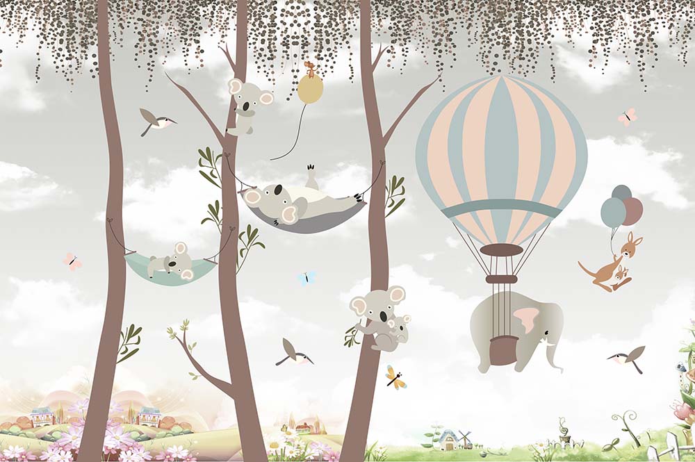 Sevimli Koalalar ve Uçan Balonlar Çocuk Odası Duvar Kağıdı