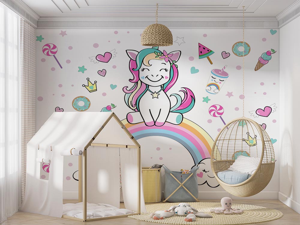 Unicorn Gökkuşağı Çocuk Odası Duvar Kağıdı